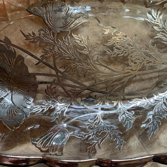 Vintage Sterling Silver City On Clear Crystal Flanders Flowers Oval Bowl Plate - Picture 2 of 8